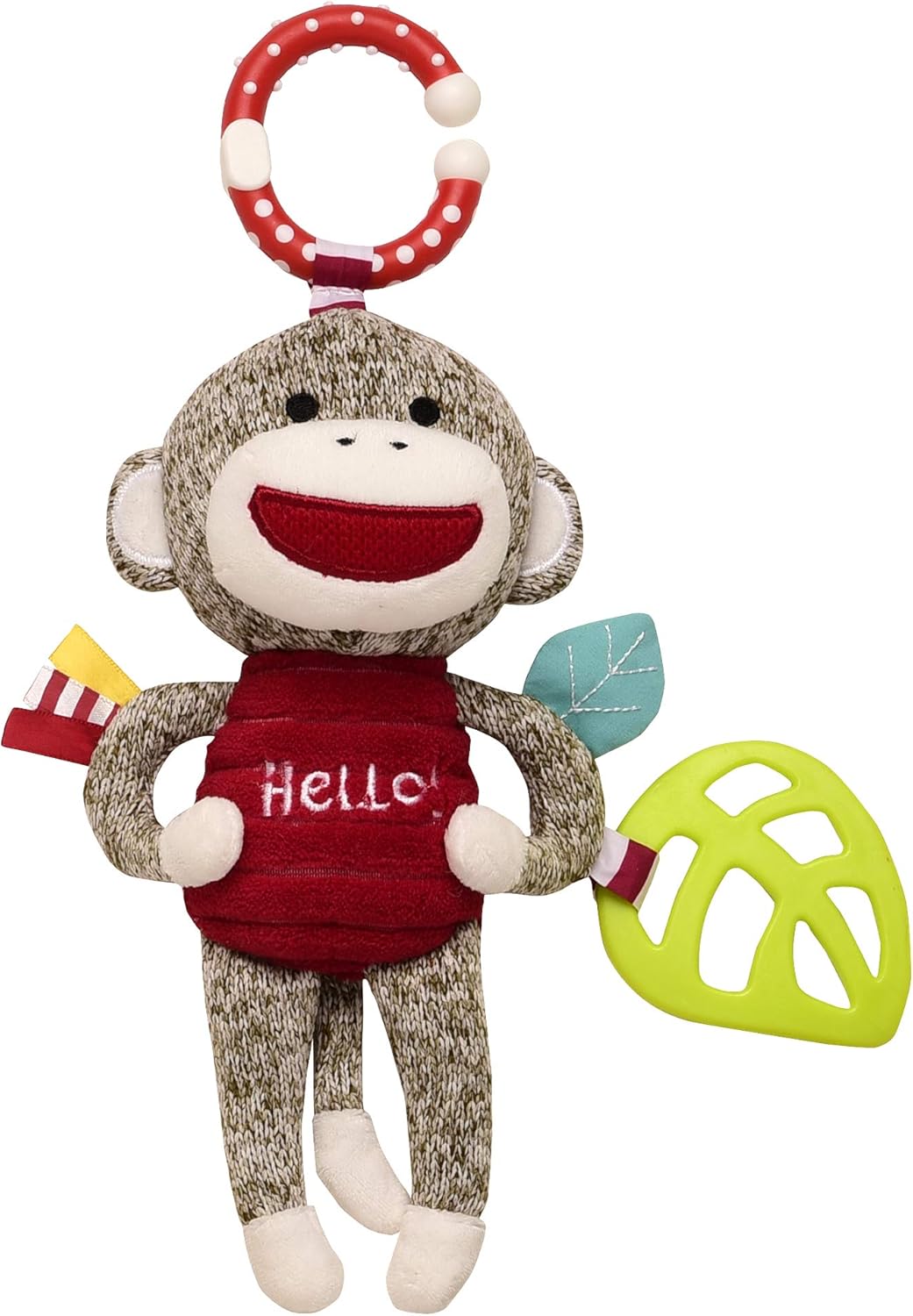 Baby Starters sock monkey activity toy with crinkle, rattle, squeak, teether and travel hook, 9 inch