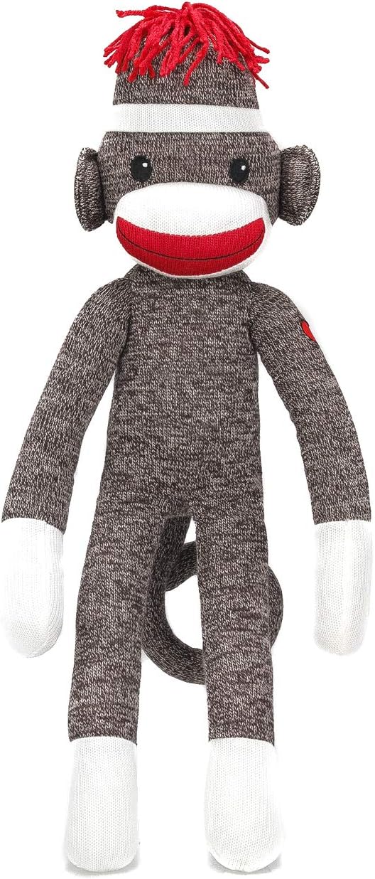 Plushland brown original knitted sock monkey, 20 inch stuffed animal with embroidered face